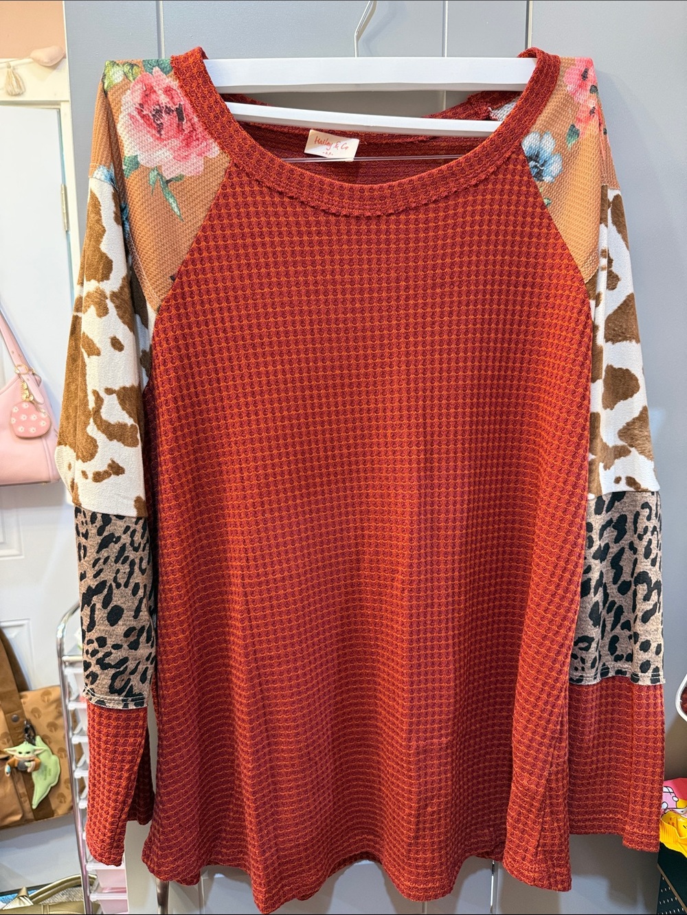 Cowgirl Mixed-Print Waffle Knit Tunic - Rust with Animal & Floral Sleeves
